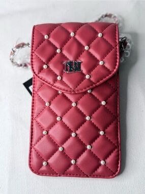 Badgley Mishchka Red Quilted Phone Crossbody with Pearl Accents